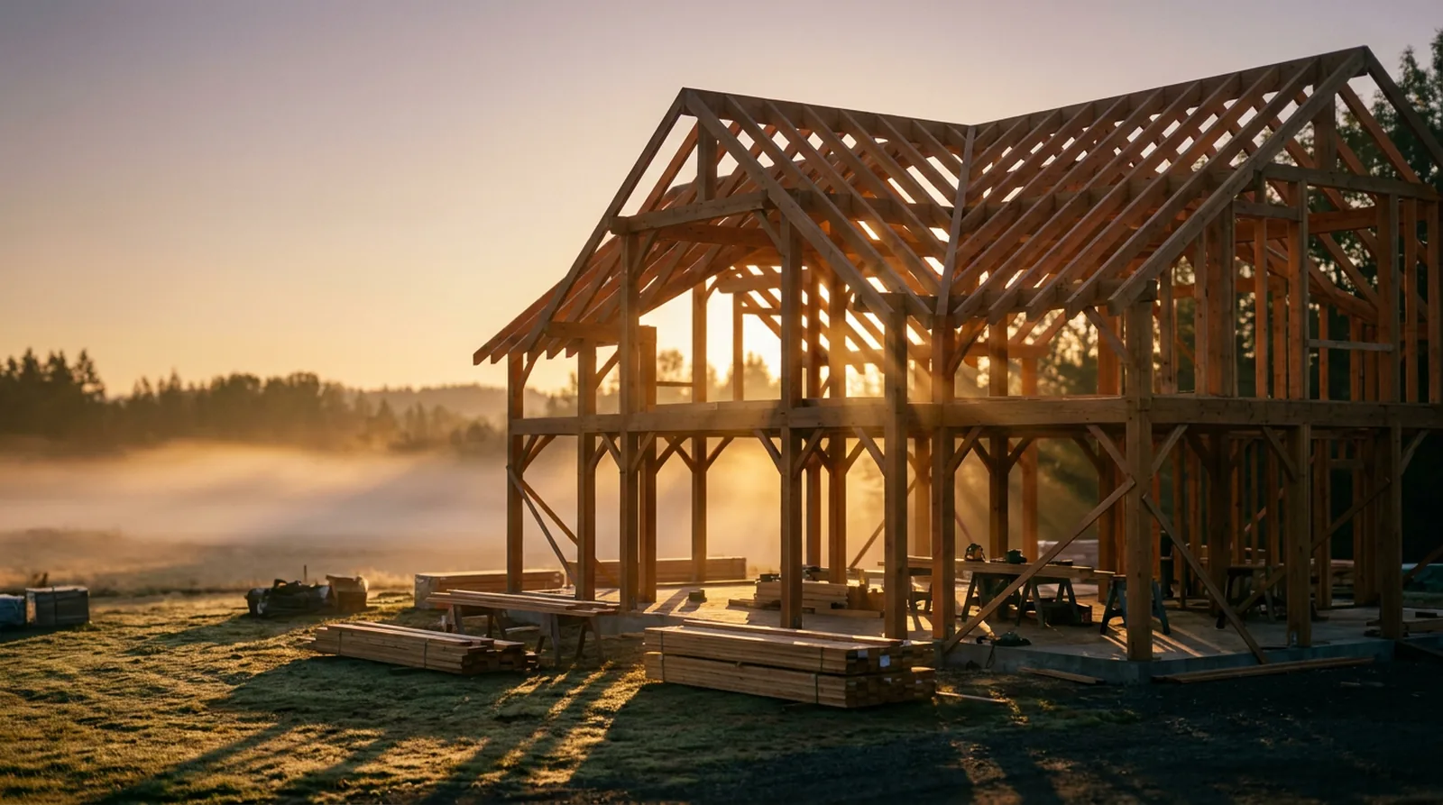 A timber frame house under construction at dawn, sunlight pouring through the framing