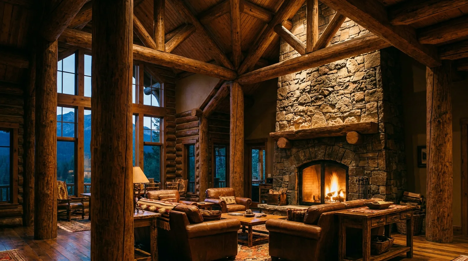 A grand timber lodge great room with massive exposed trusses, warmly lit