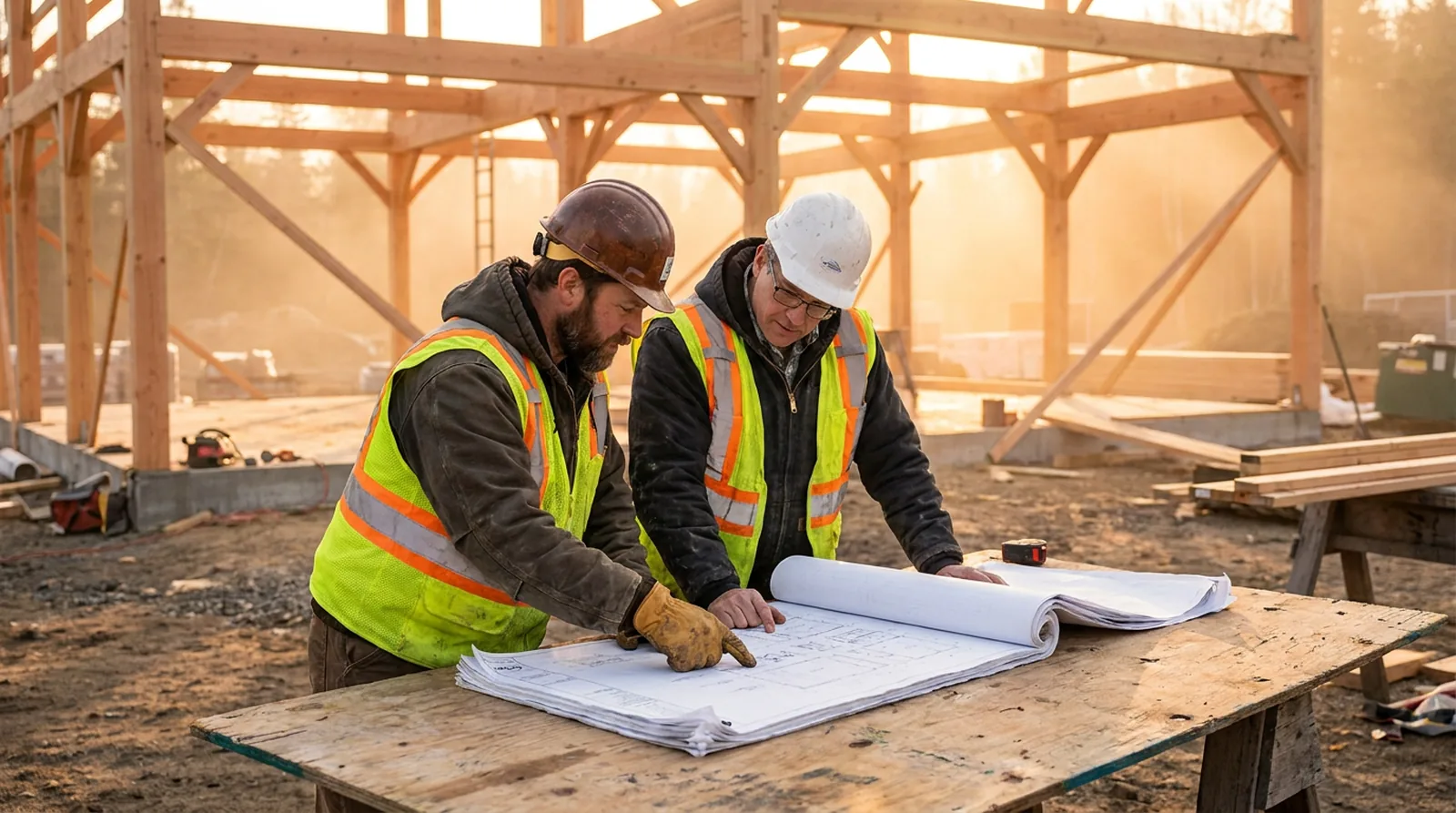 Two builders reviewing construction drawings together at a plans table on a jobsite, timber frame rising behind them